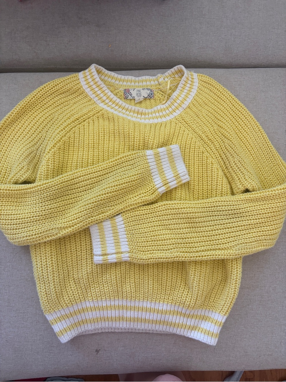 Pink Rose Yellow Crewneck Sweater with White Stripe Trim